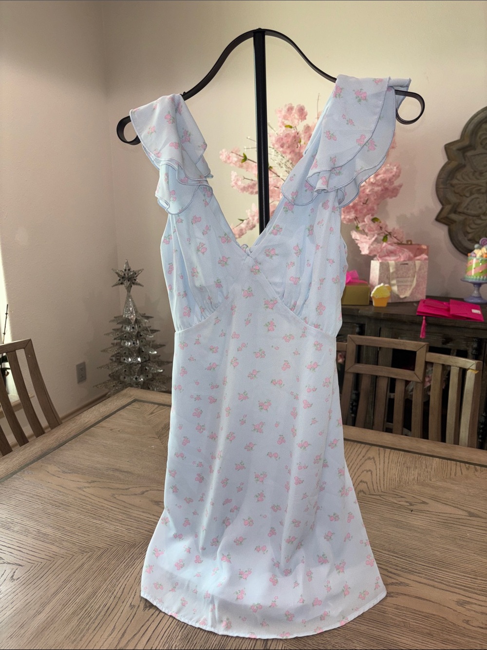 Altar'd State Light Blue Floral Ruffle V-Neck Slip Dress
